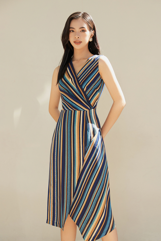 Đầm sát nách kẻ sọc tùng đắp chéo KK106-01