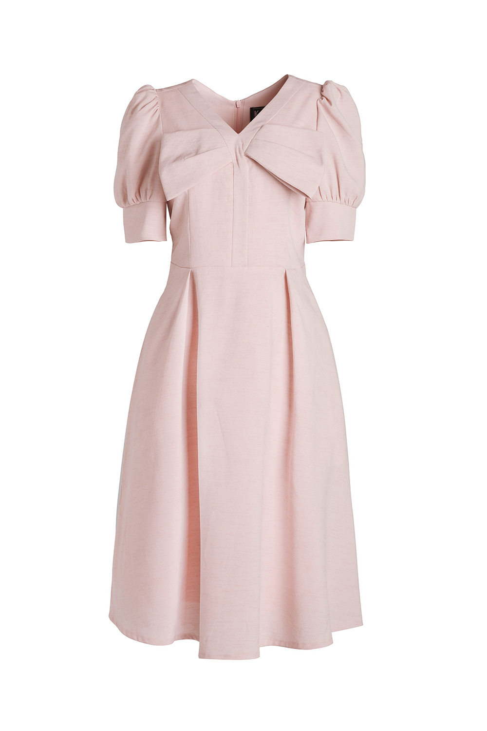 Đầm xòe tay phồng cổ V đính nơ 