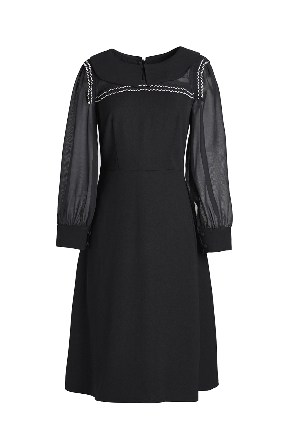 Đầm xòe đen cổ sen tay dài phối voan 