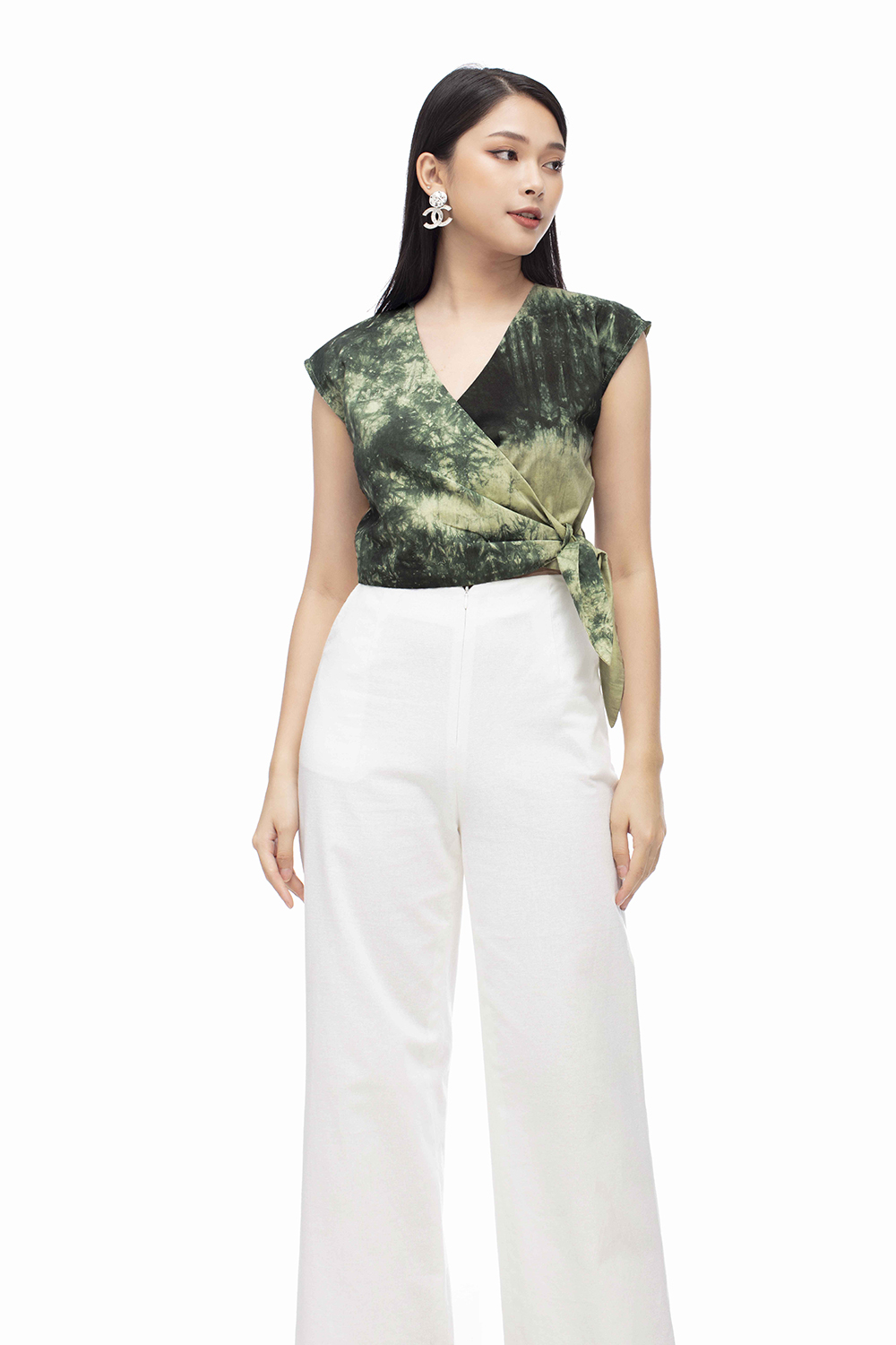 Áo croptop tie dye vạt đắp chéo phối nơ