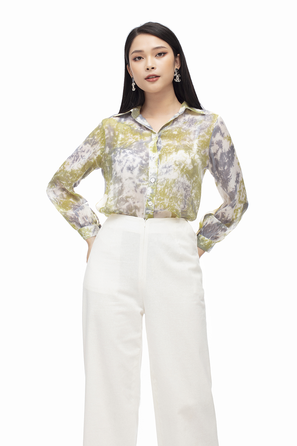 Áo sơ mi voan loang màu dài tay 