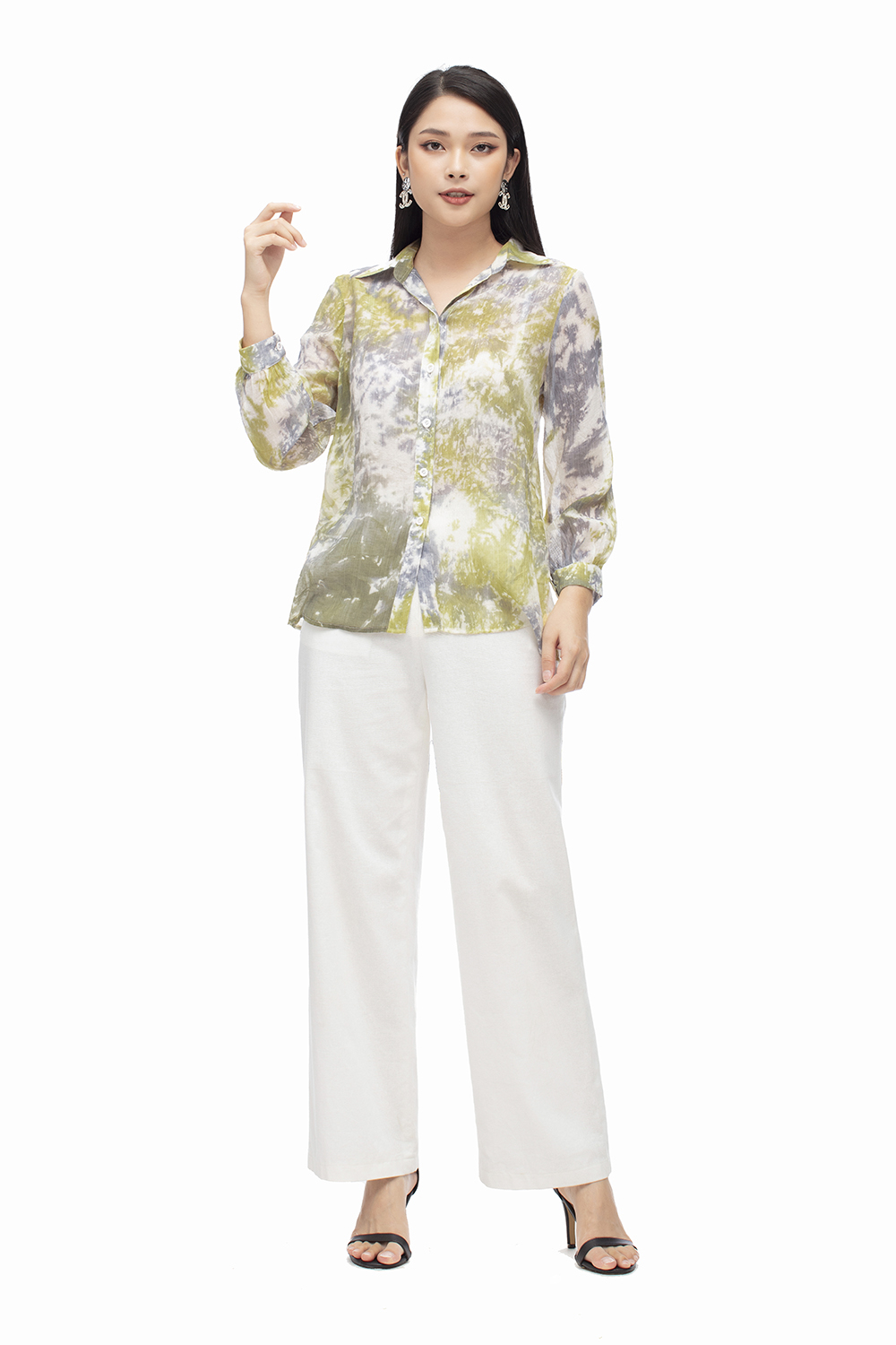 Áo sơ mi voan loang màu dài tay 