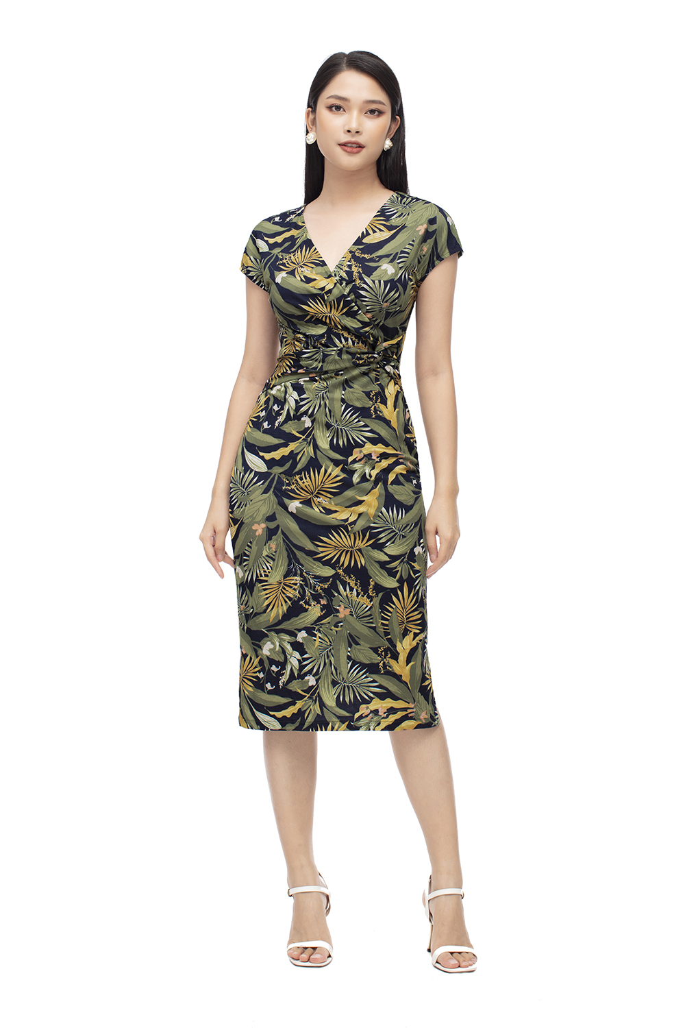 Đầm thun ôm họa tiết cổ V xoắn eo 