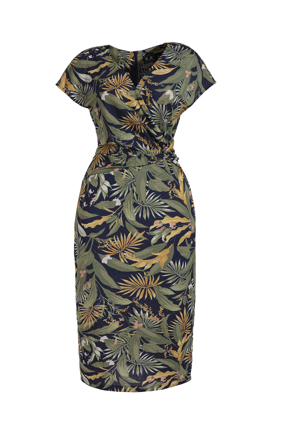 Đầm thun ôm họa tiết cổ V xoắn eo 