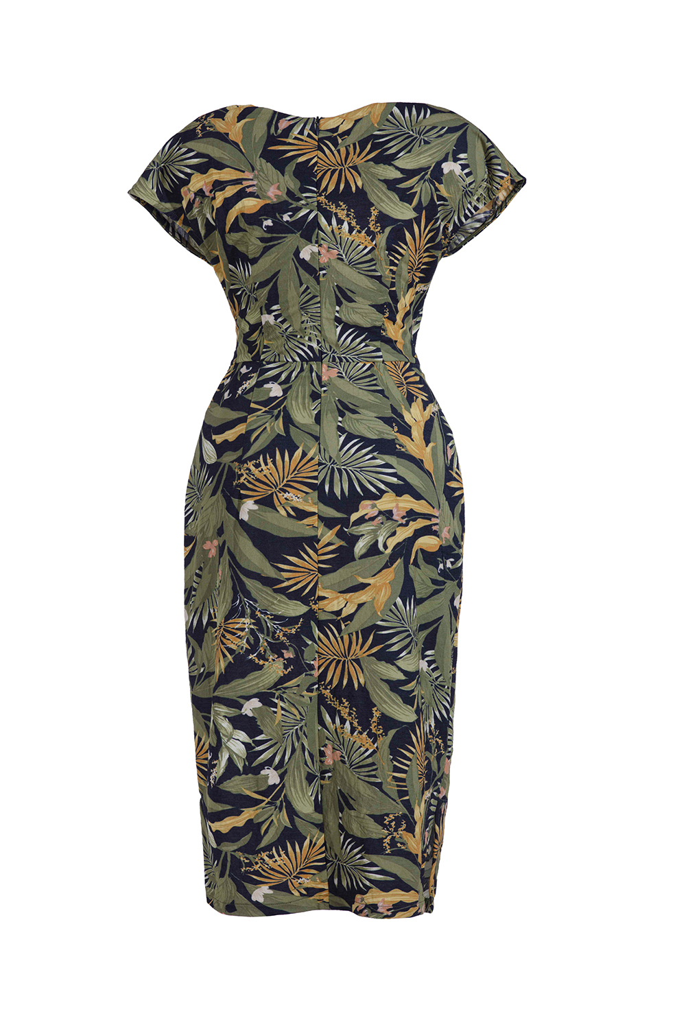 Đầm thun ôm họa tiết cổ V xoắn eo 