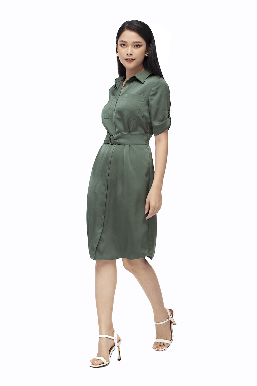 Đầm chữ A cổ sơ mi phối túi nhấn eo 