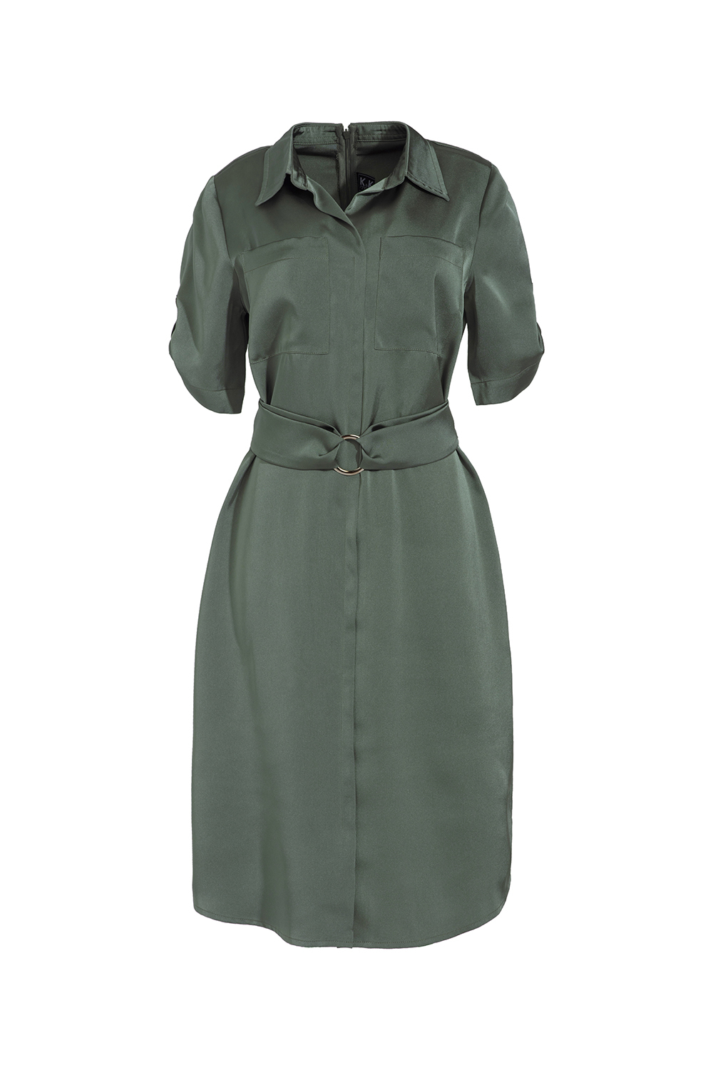 Đầm chữ A cổ sơ mi phối túi nhấn eo 