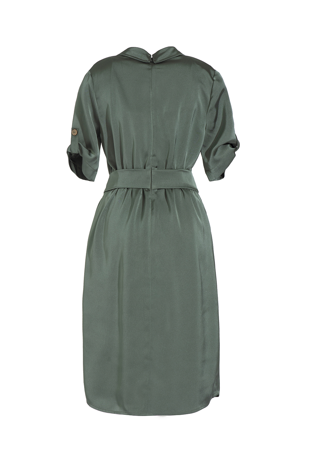 Đầm chữ A cổ sơ mi phối túi nhấn eo 