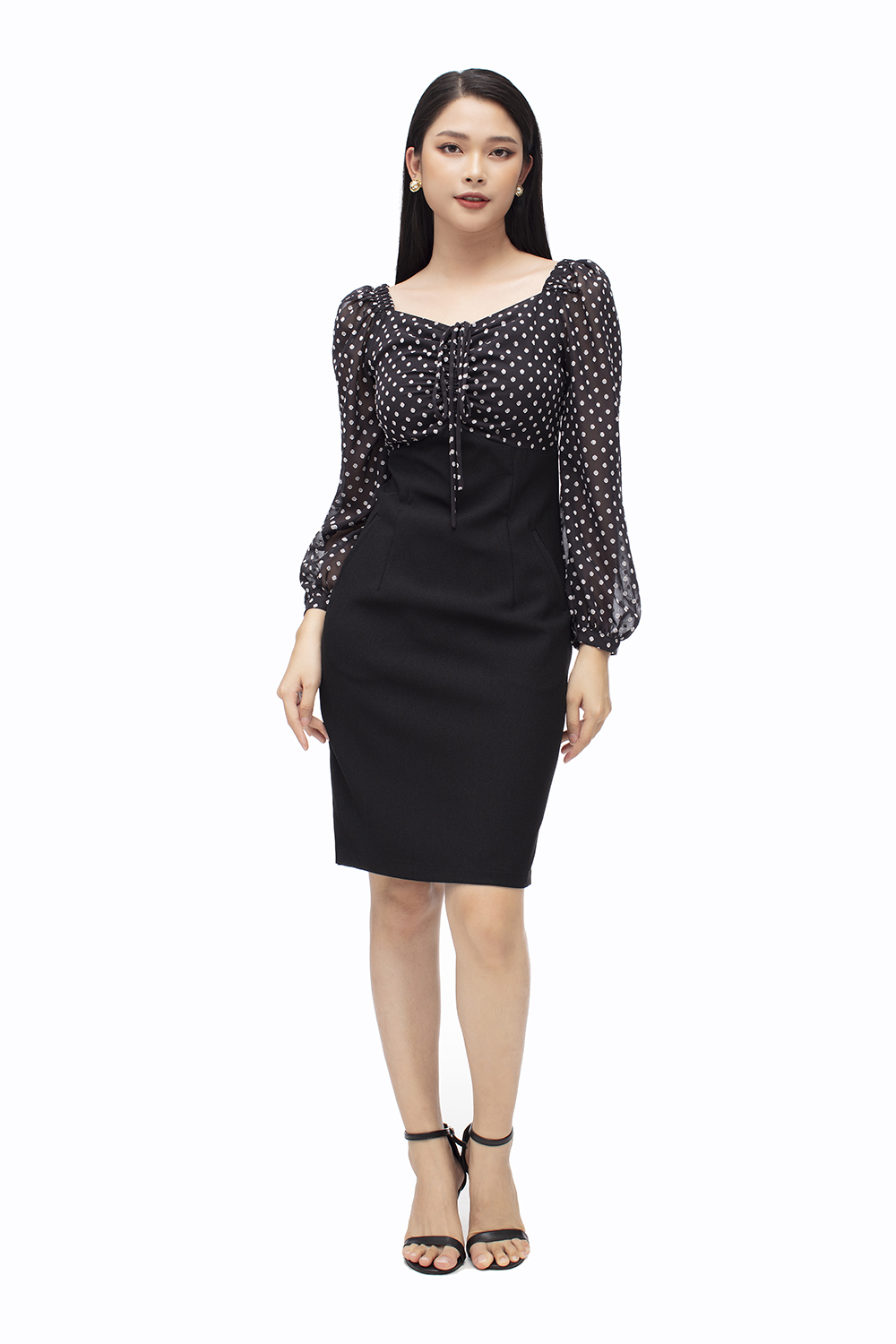 Đầm đen công sở phối chấm bi tay dài 