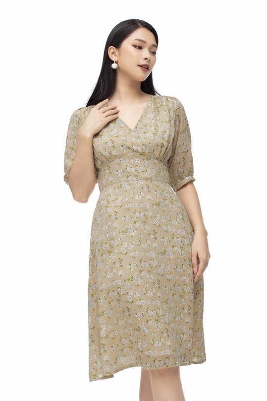 Đầm xòe hoa nhí tay lỡ cổ V KK107-06