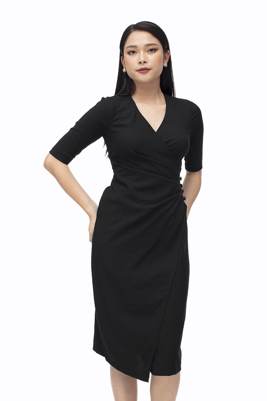 Đầm đen công sở nhấn eo cổ V KK107-08