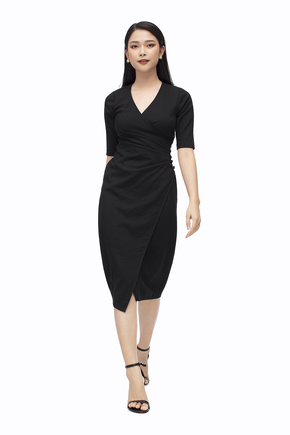 Đầm đen công sở nhấn eo tùng đắp chéo 