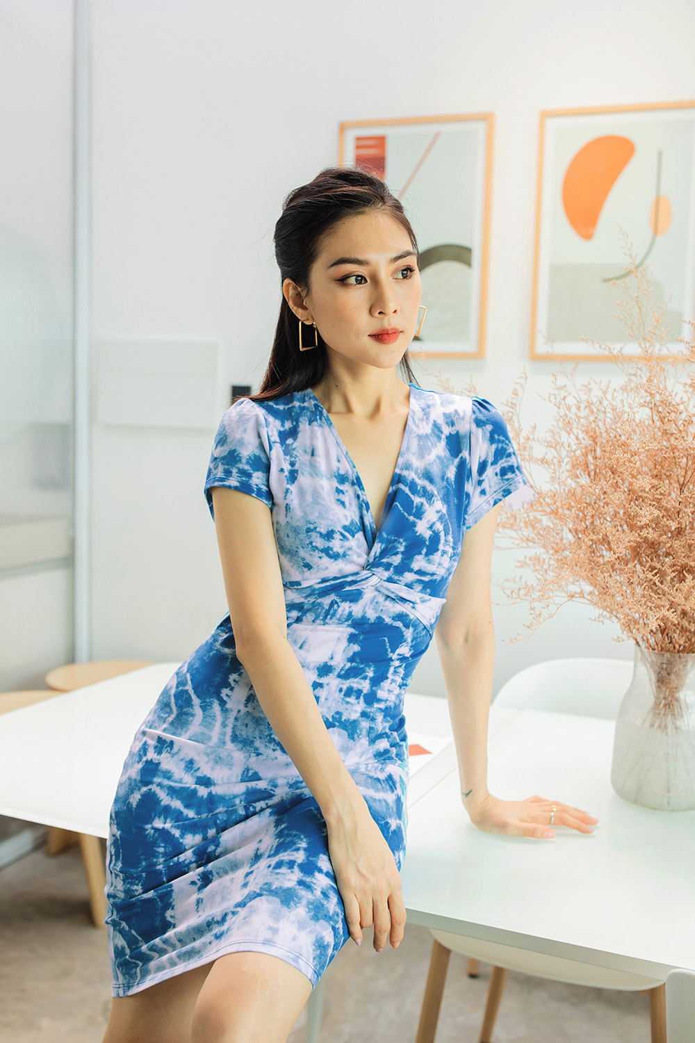 Đầm thun công sở dáng ôm xoắn ngực 