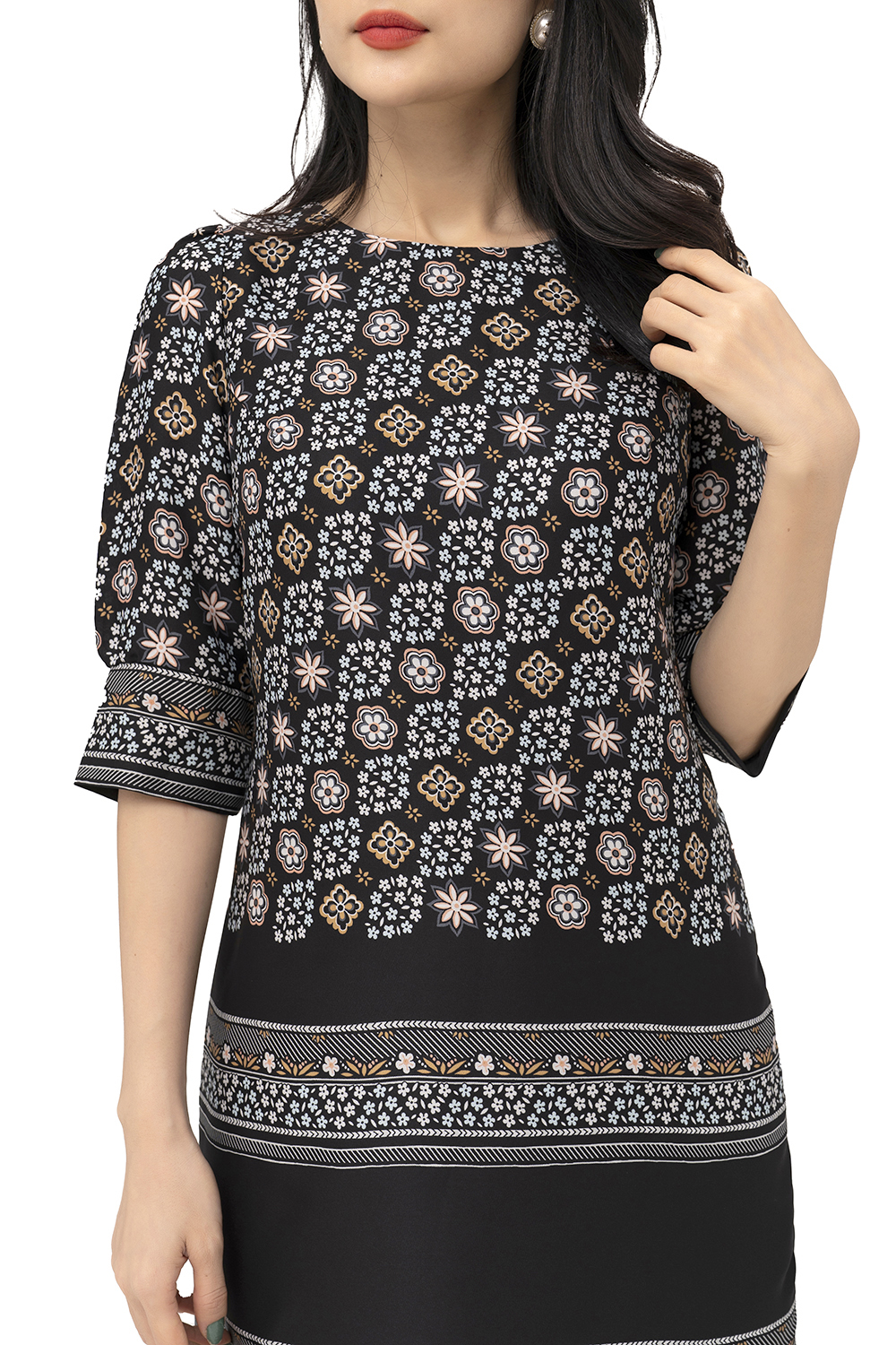 Đầm suông công sở họa tiết tay lỡ 