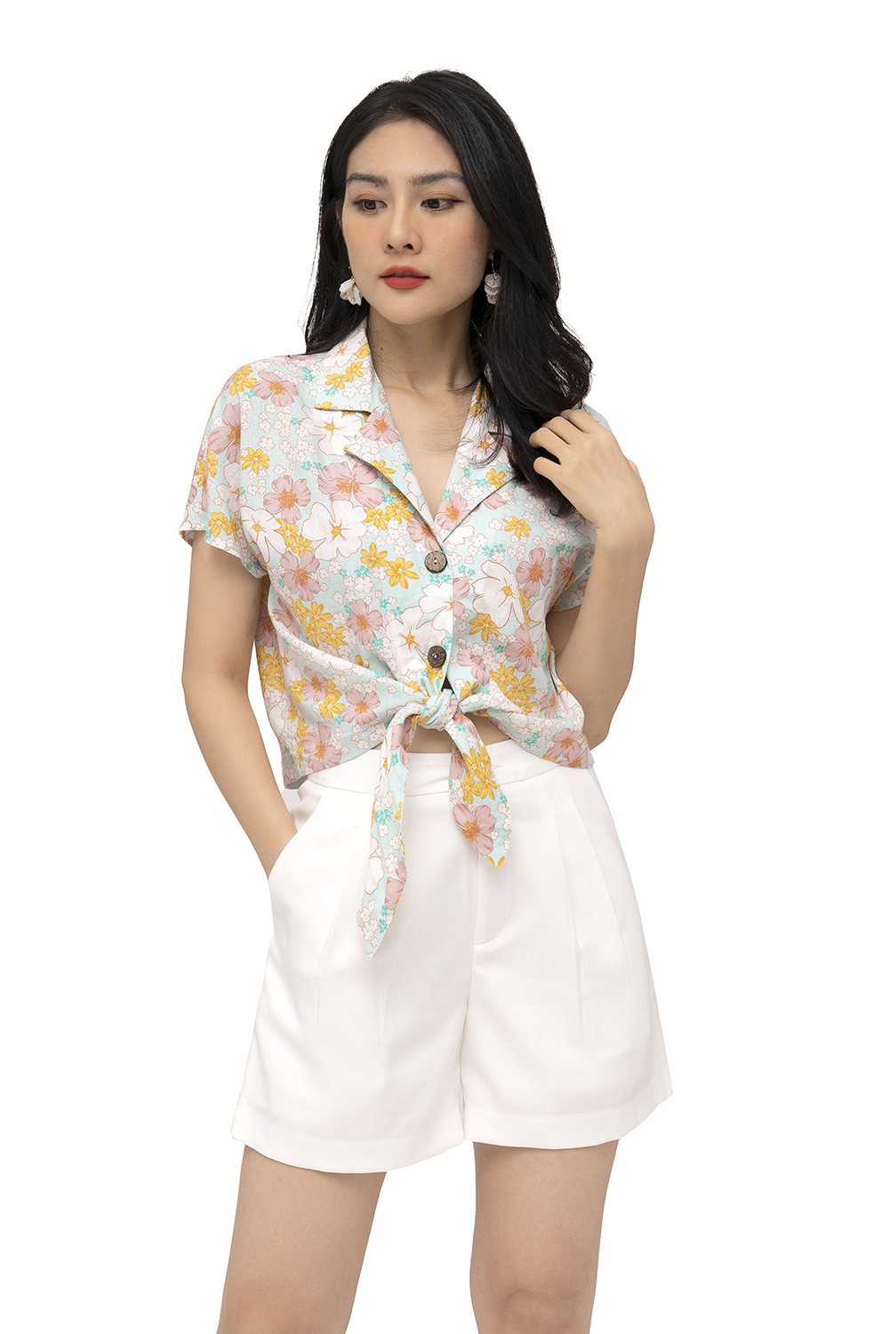 Áo sơ mi họa tiết hè cột eo 