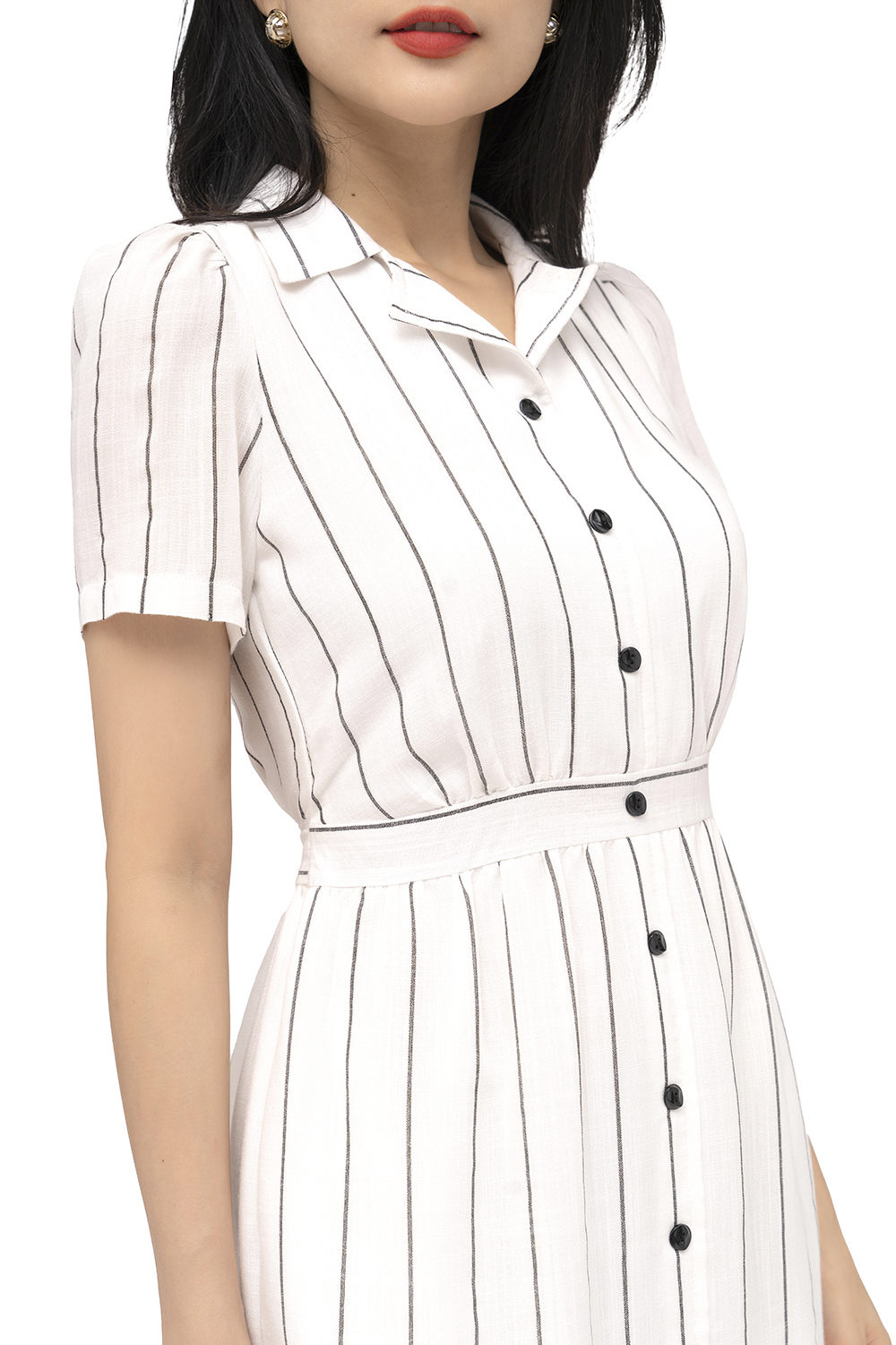 Đầm kẻ sọc cổ sơ mi đính nút 