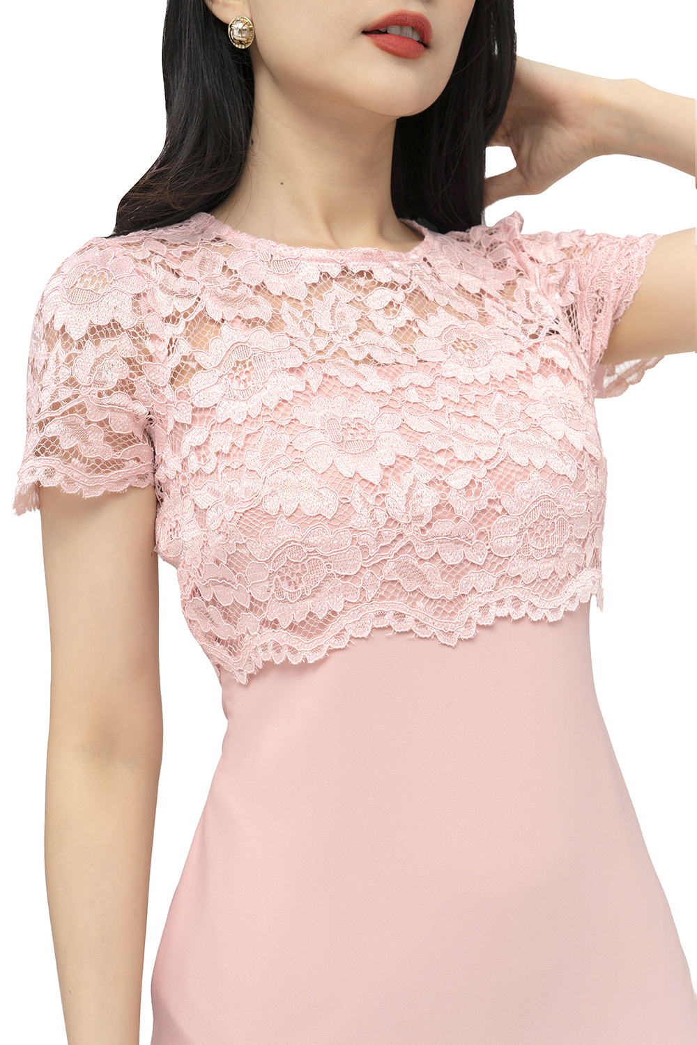 Đầm chữ A phối ren cổ tròn 