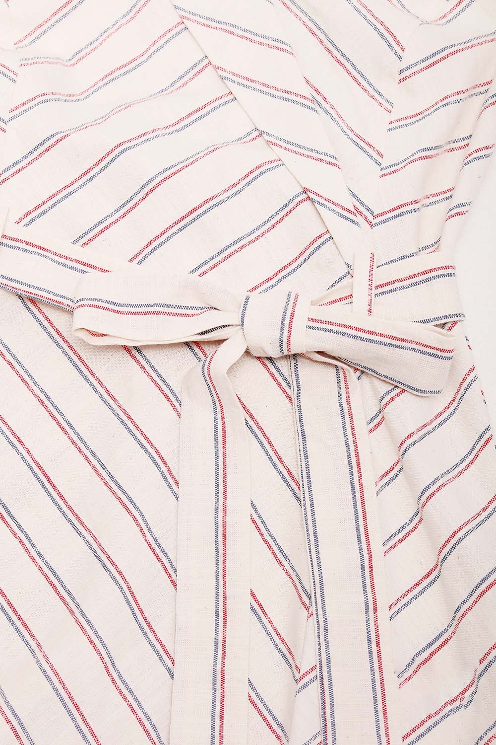 Đầm kẻ phối dây nơ eo cổ đan tông 