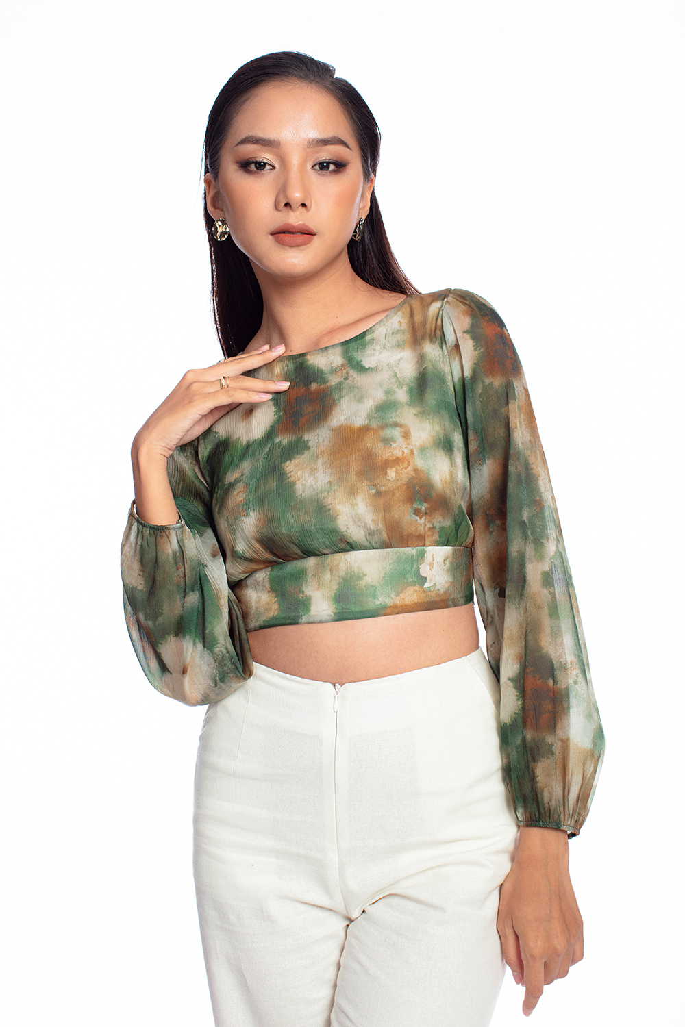 Áo croptop tay dài họa tiết tie dye