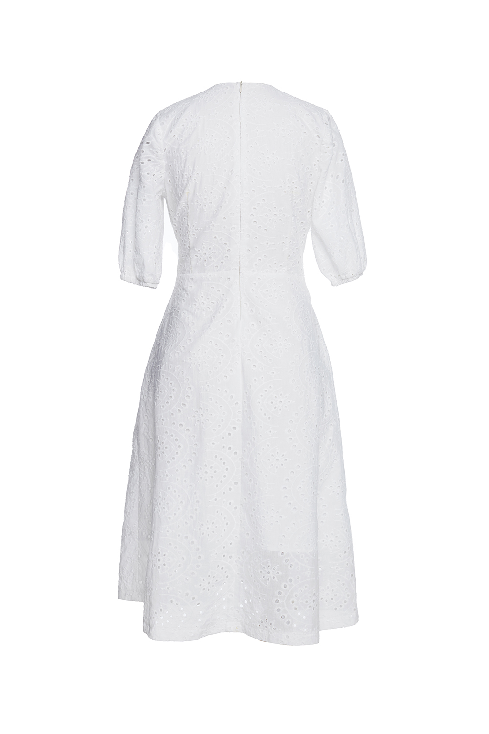 Đầm xòe trắng eo cao cổ V