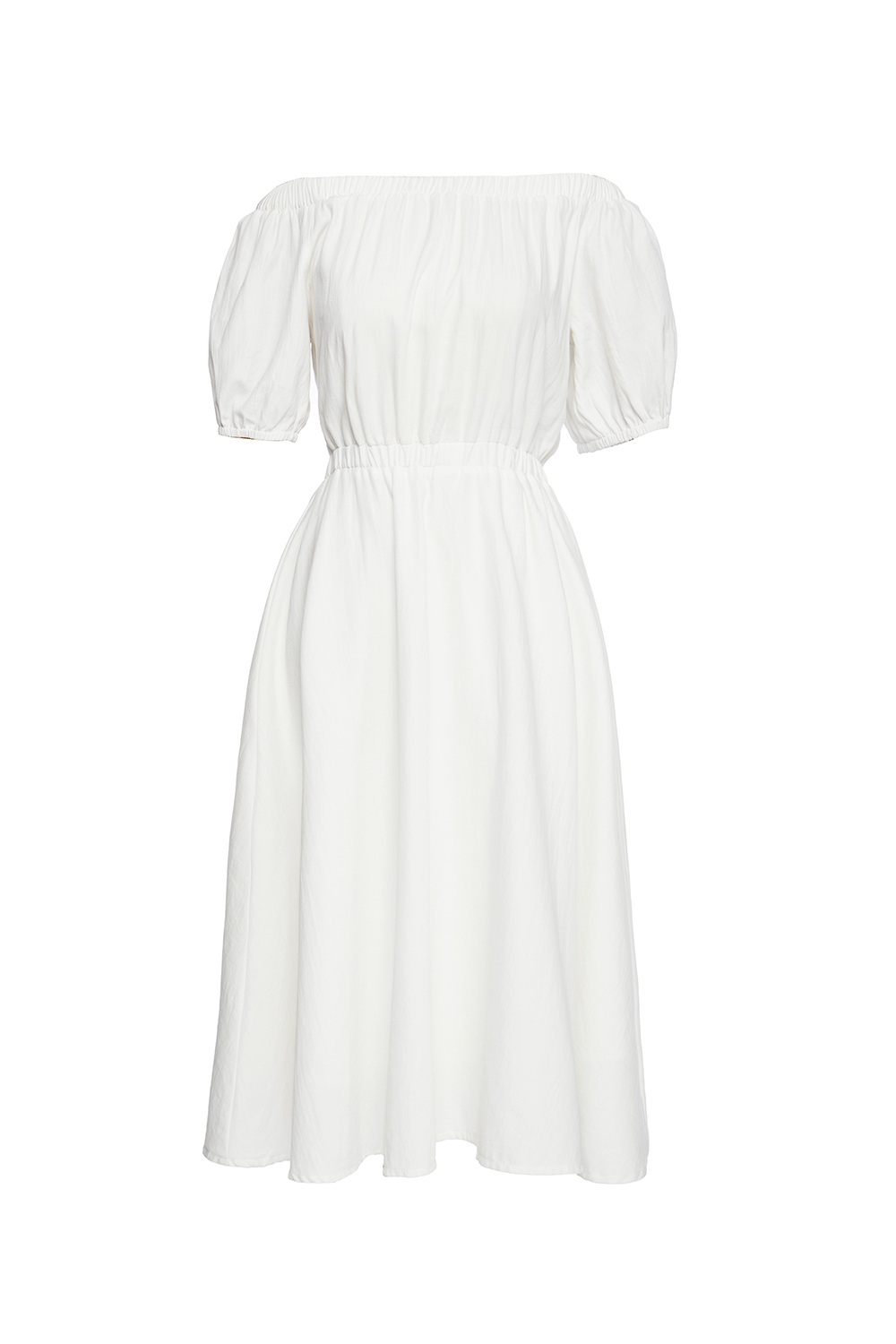 Đầm trắng trễ vai dáng xòe eo bo thun 