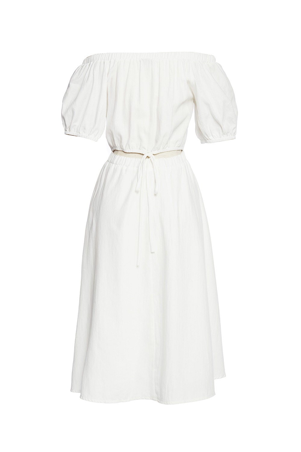 Đầm trắng trễ vai dáng xòe eo bo thun 