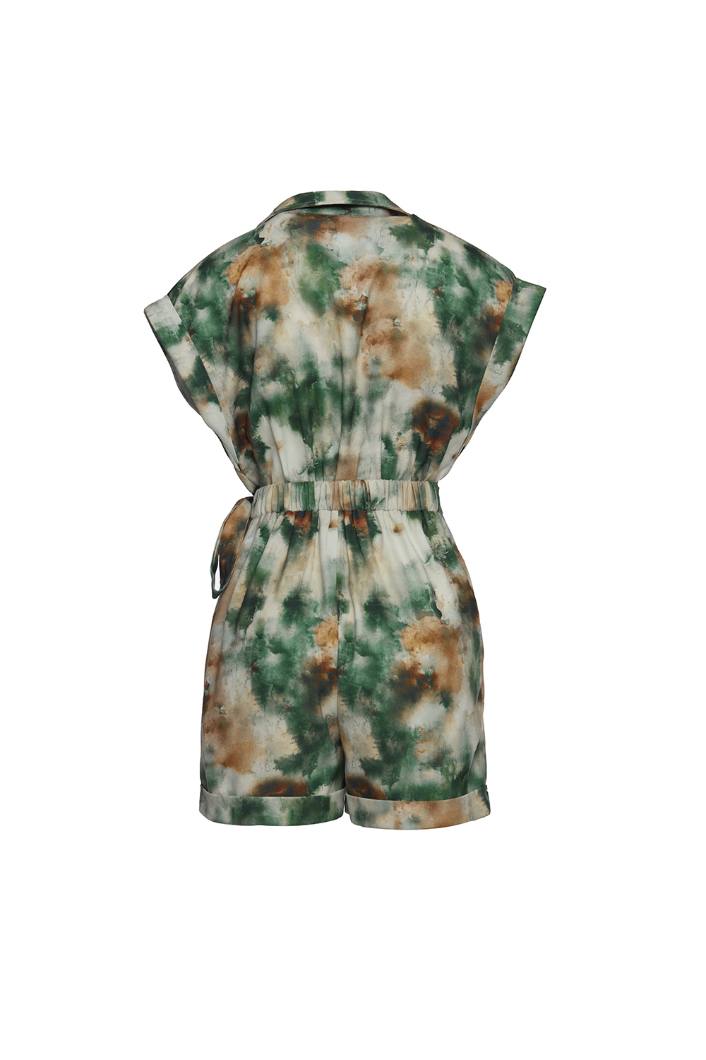 Jumpsuit ngắn họa tiết tie dye eo thắt nơ 
