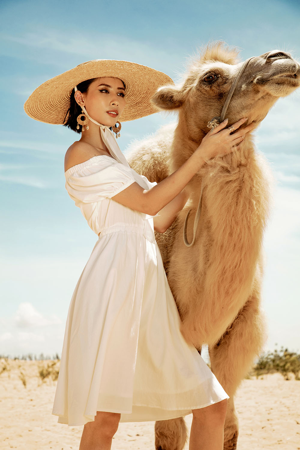 Đầm trắng trễ vai dáng xòe eo bo thun 