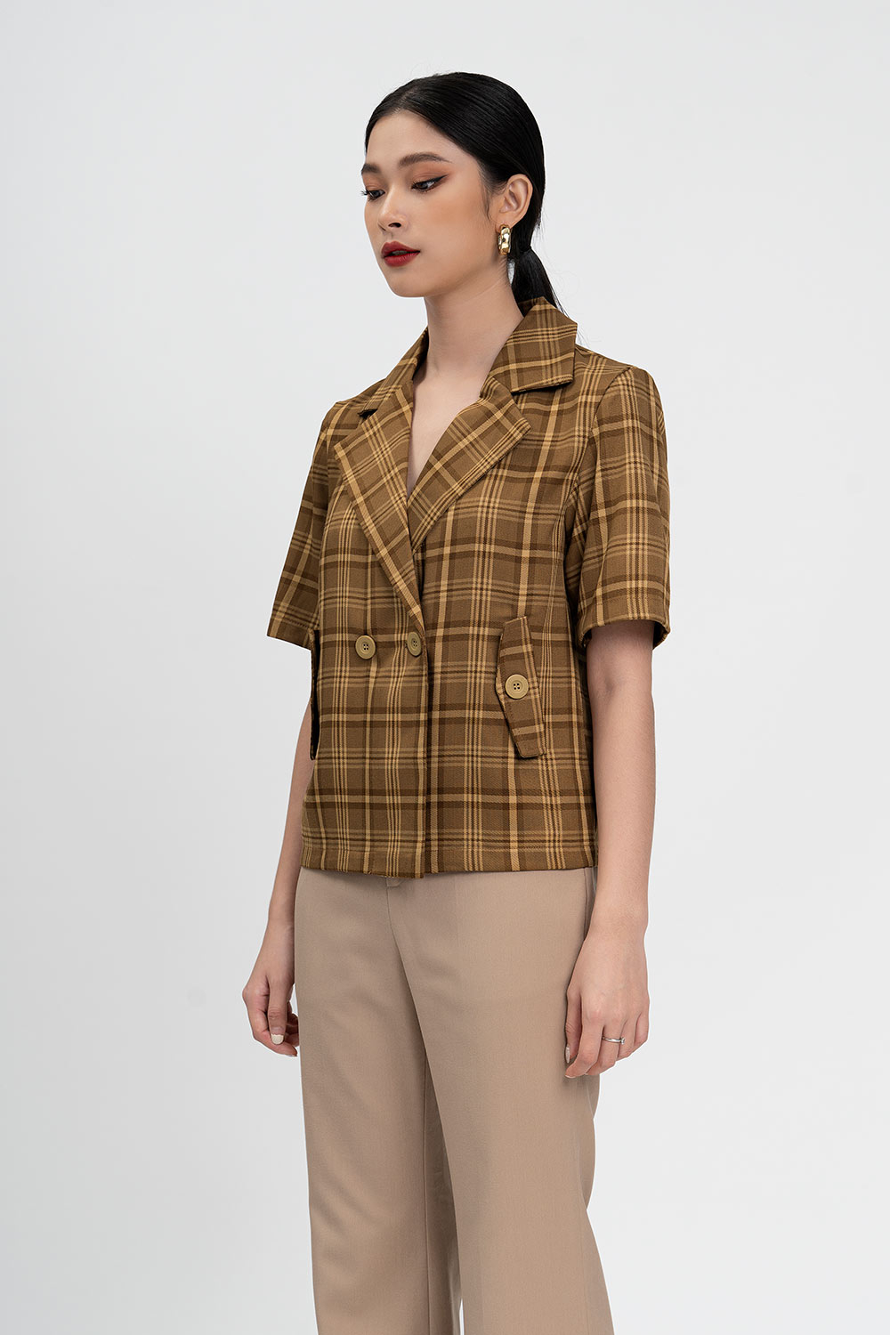 Áo khoác blazer tay ngắn họa tiết caro 