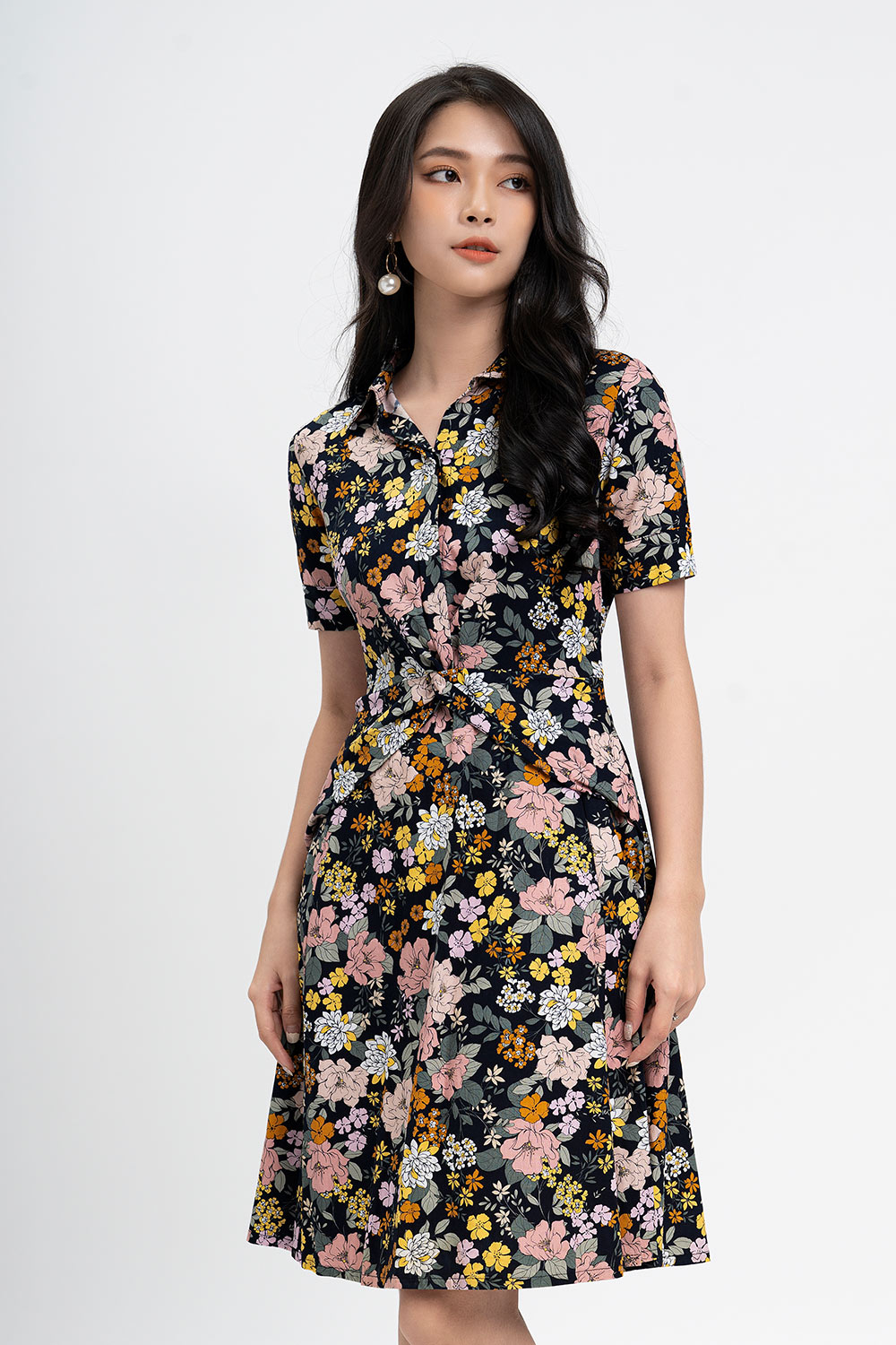 Đầm xòe hoa cổ sơ mi eo cách điệu 