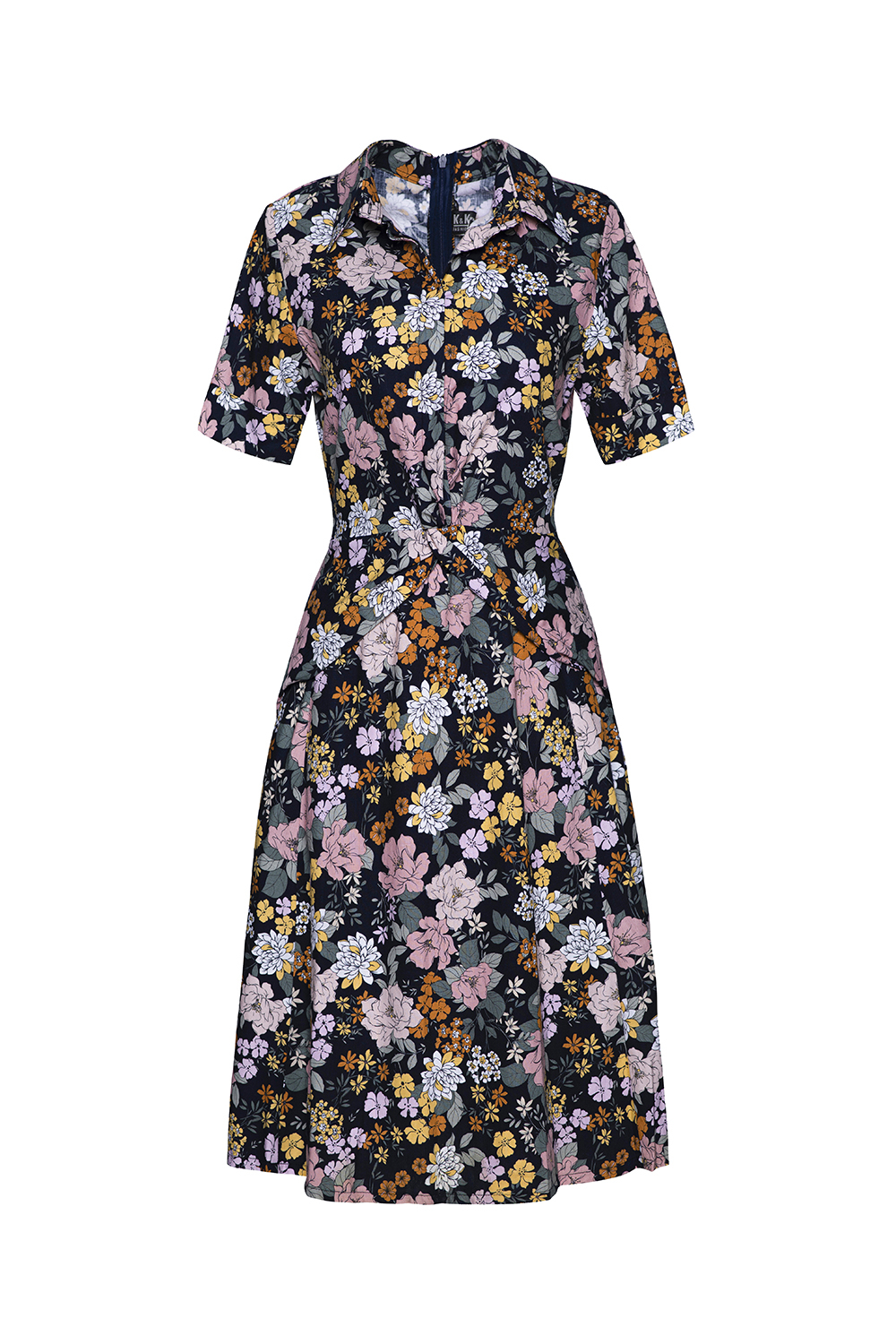 Đầm xòe hoa cổ sơ mi eo cách điệu 