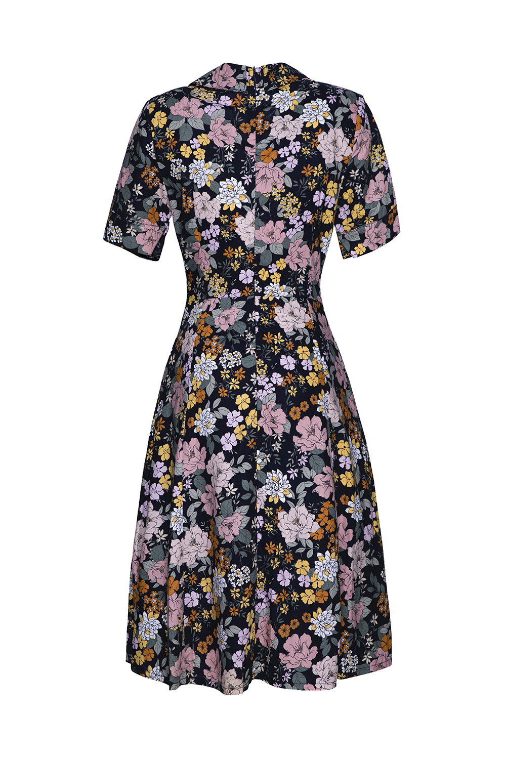 Đầm xòe hoa cổ sơ mi eo cách điệu 