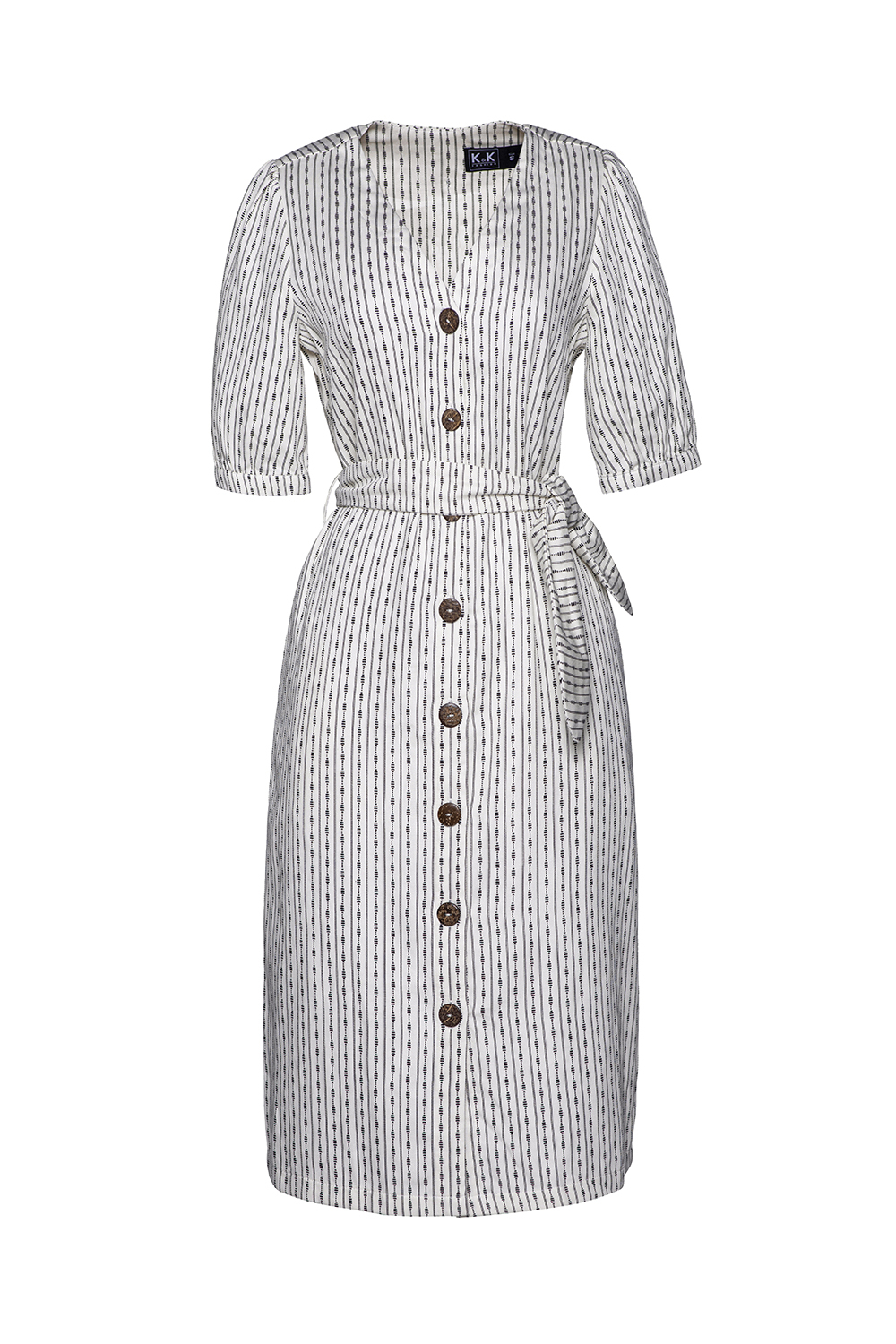 Đầm sơ mi kẻ sọc eo phối dây nơ 