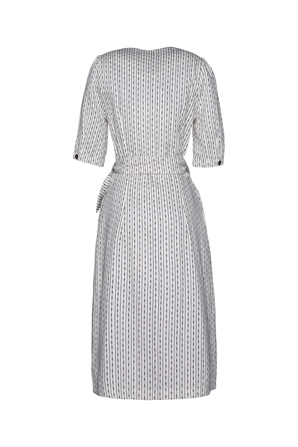 Đầm sơ mi kẻ sọc eo phối dây nơ 