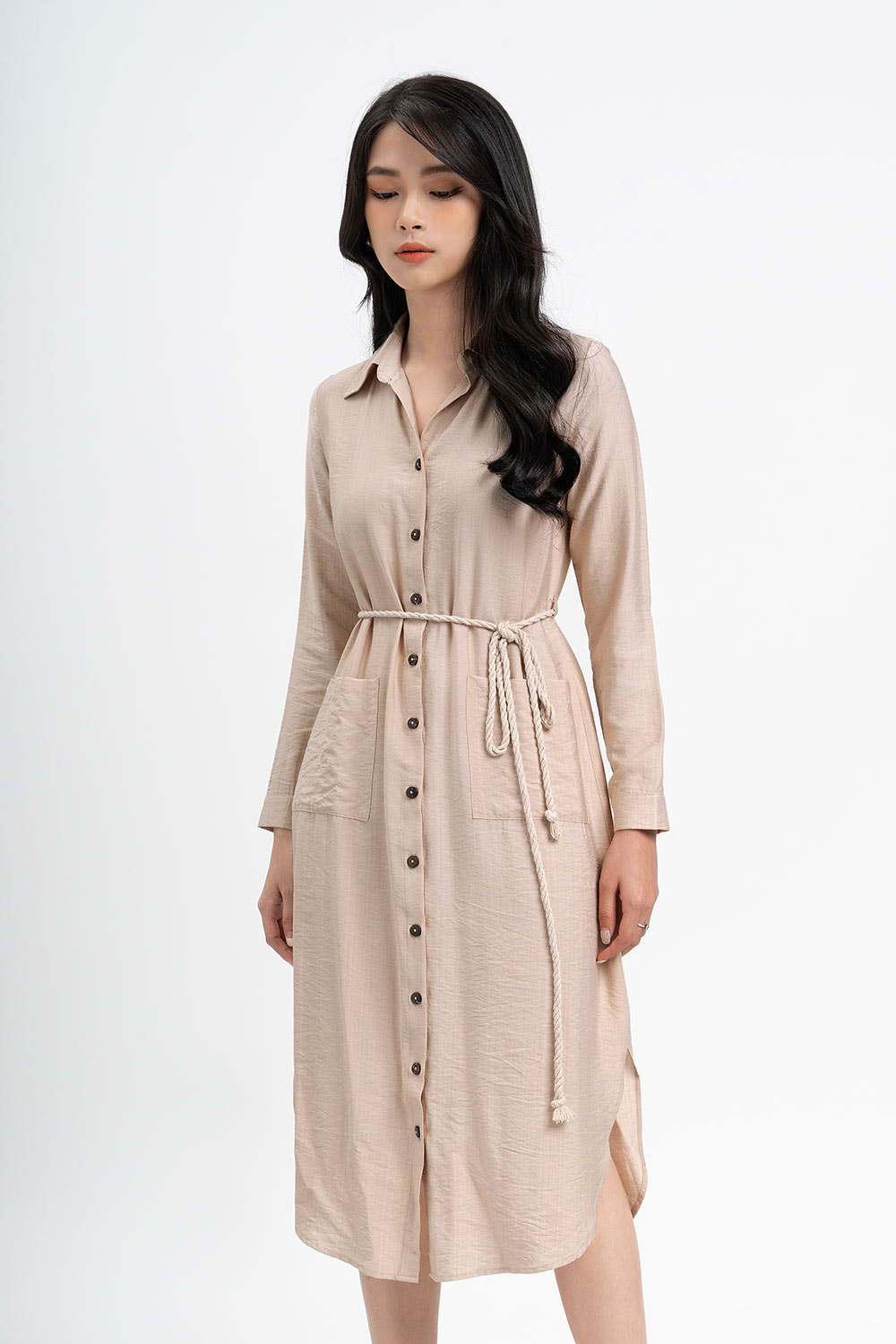 Đầm sơ mi tay dài phối nơ eo 