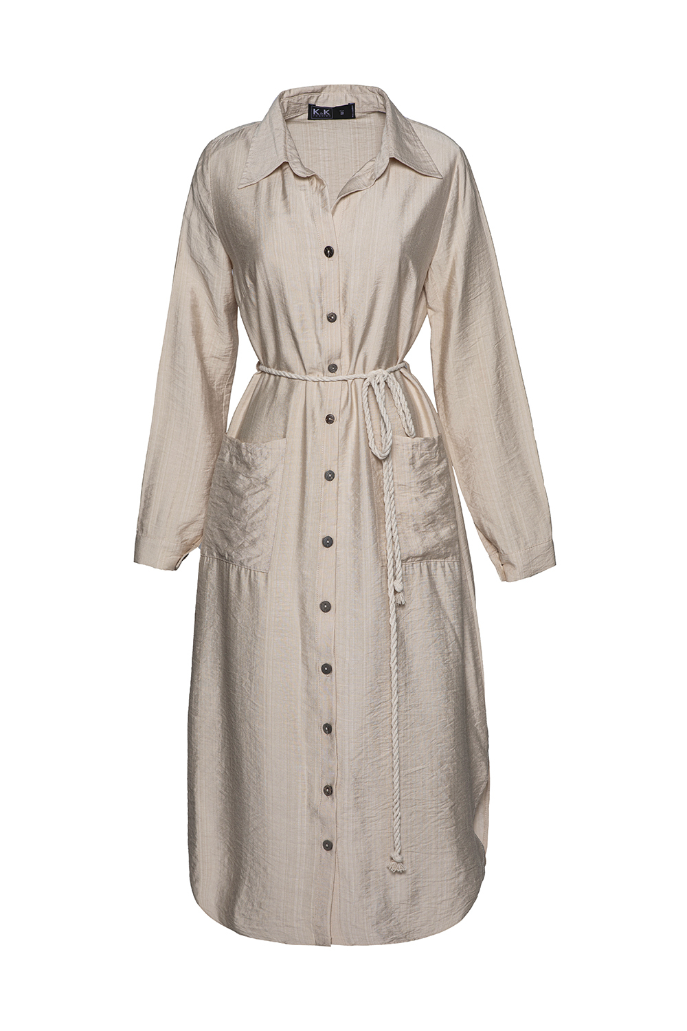 Đầm sơ mi tay dài phối nơ eo 