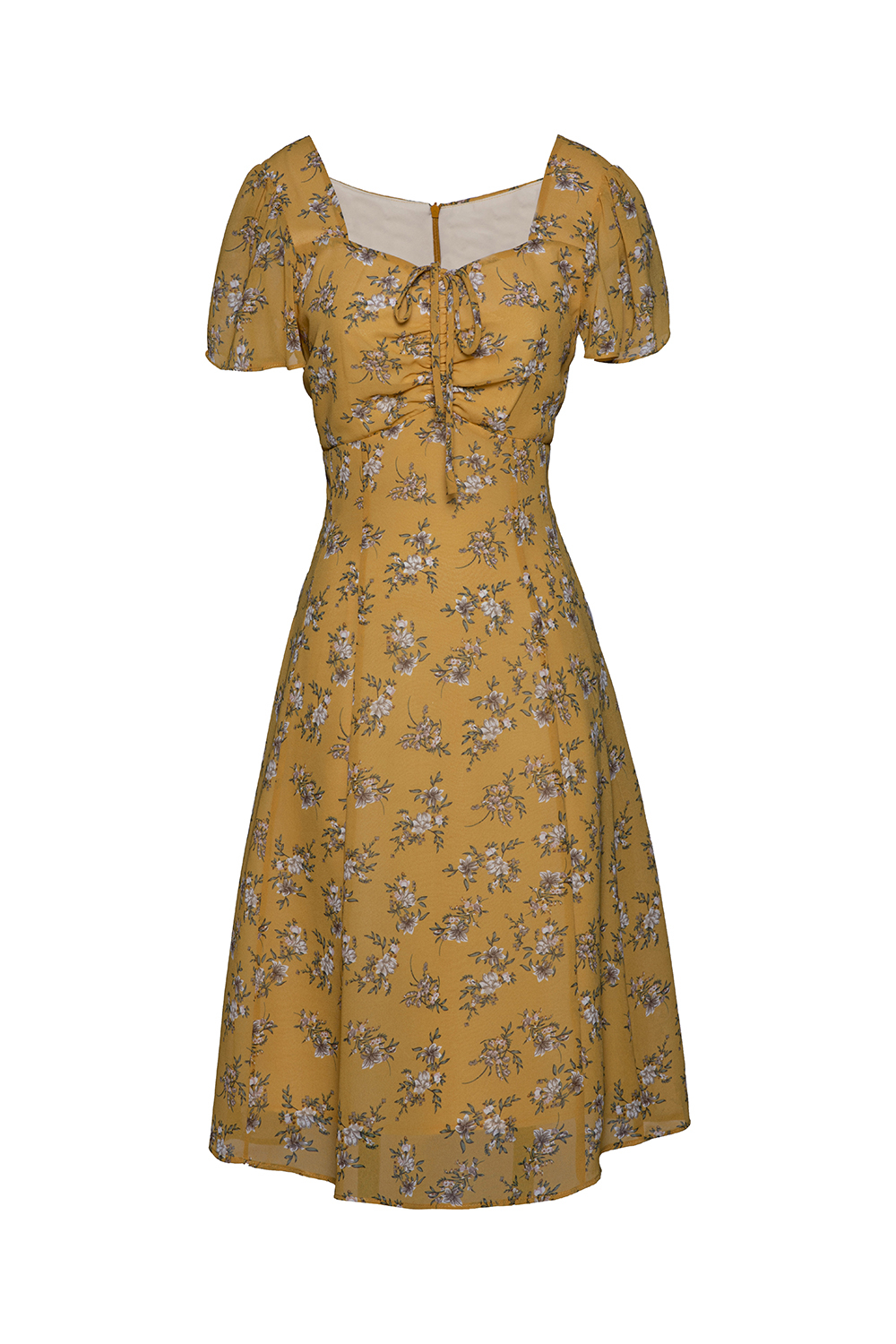 Đầm hoa dáng xòe nhún ngực cổ vuông 