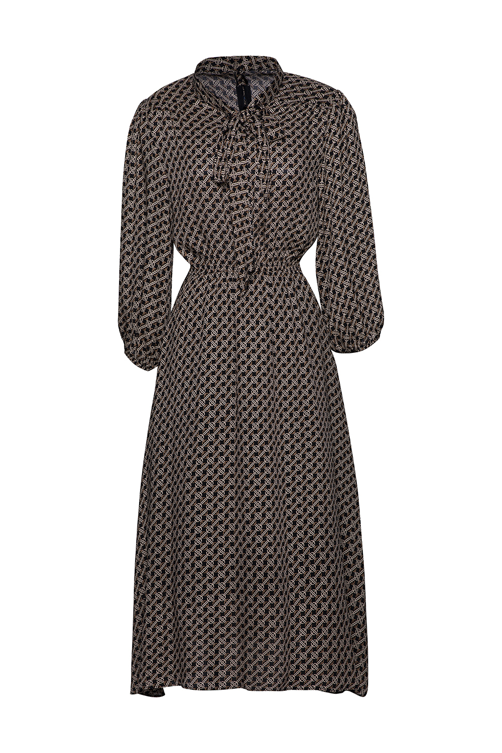 Đầm xòe dáng dài họa tiết phối nơ cổ 