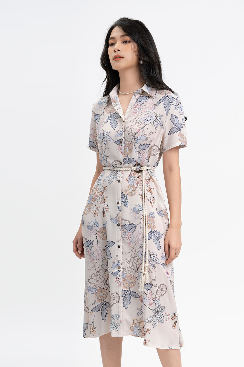 Đầm midi họa tiết hoa kèm thắt eo 