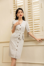 Đầm sơ mi kẻ sọc eo phối dây nơ