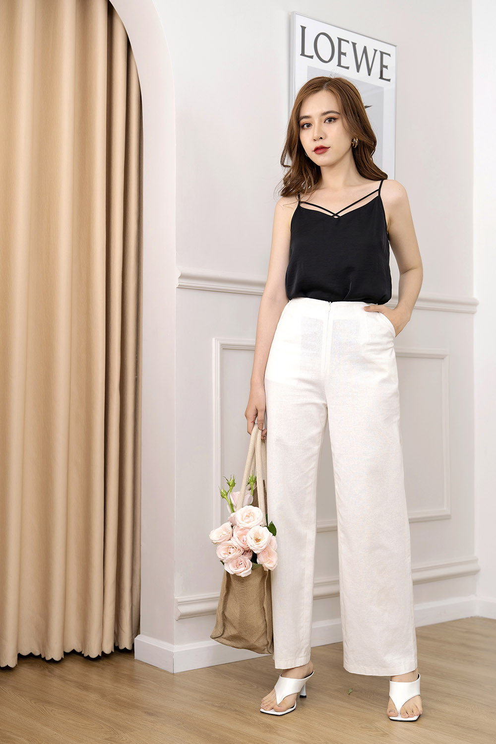 Quần trắng lưng cao ống suông 