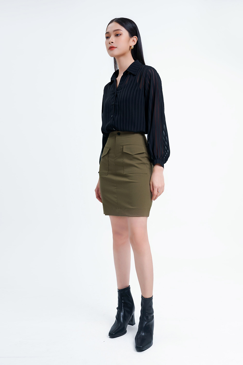 Áo sơ mi đen kẻ sọc tay dài 