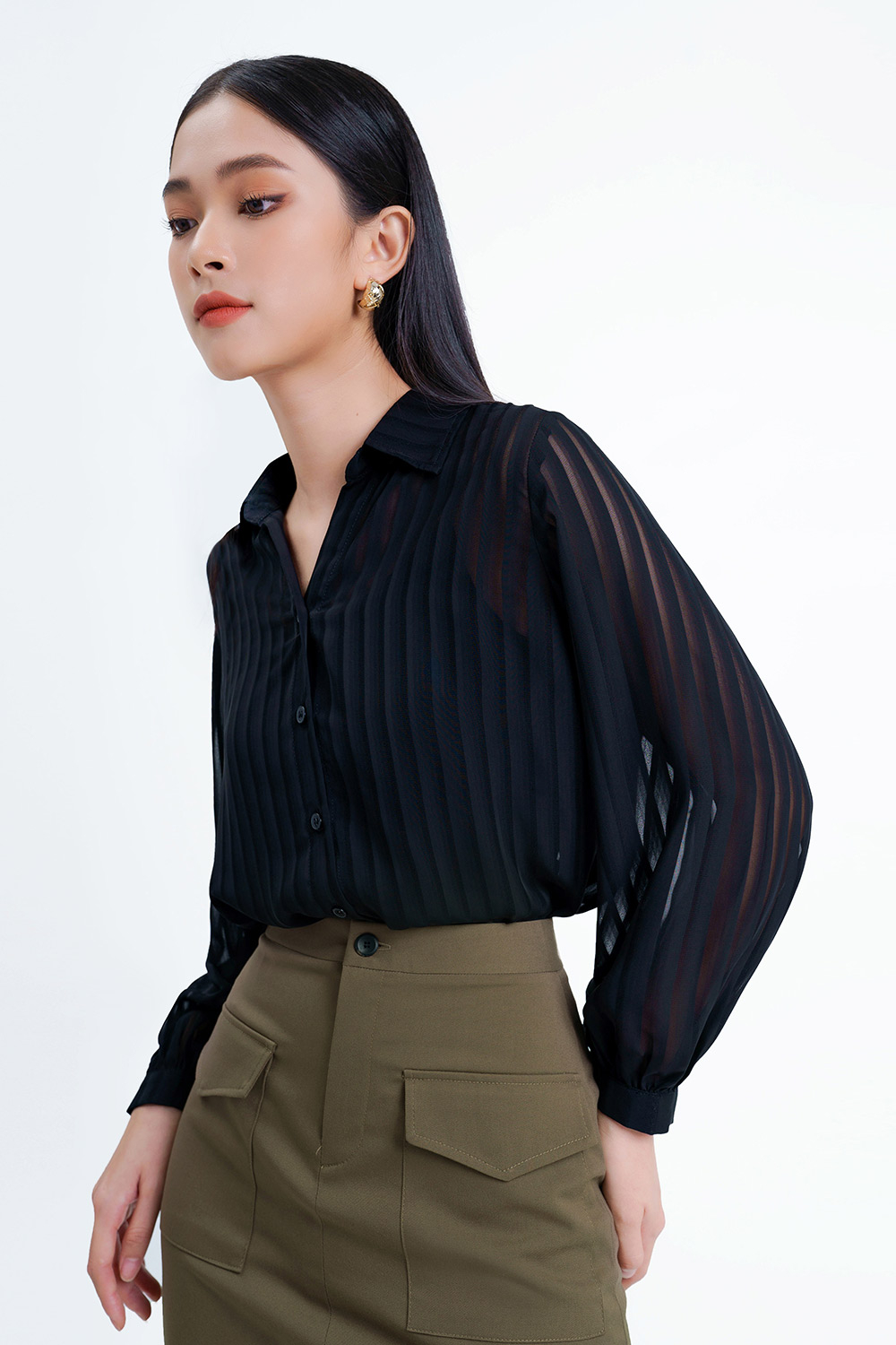 Áo sơ mi đen kẻ sọc tay dài 