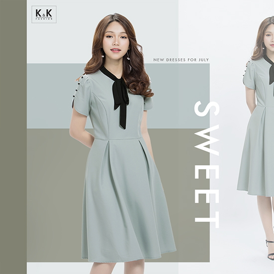 Đầm xòe tay ngắn đính nút phối nơ KK80-05