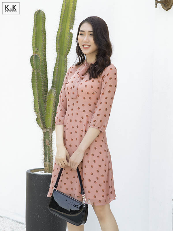 Đầm xòe tay lửng cổ phối nơ KK95-25