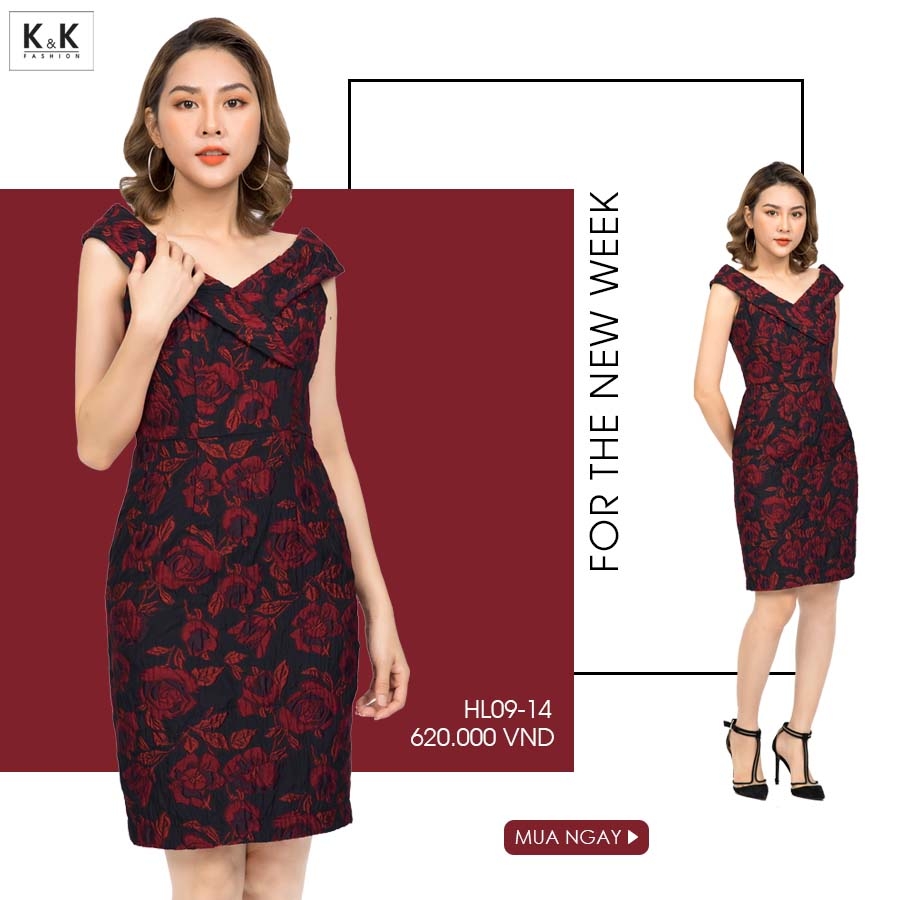 Đầm ôm body họa tiết hoa cổ cách điệu HL09-14