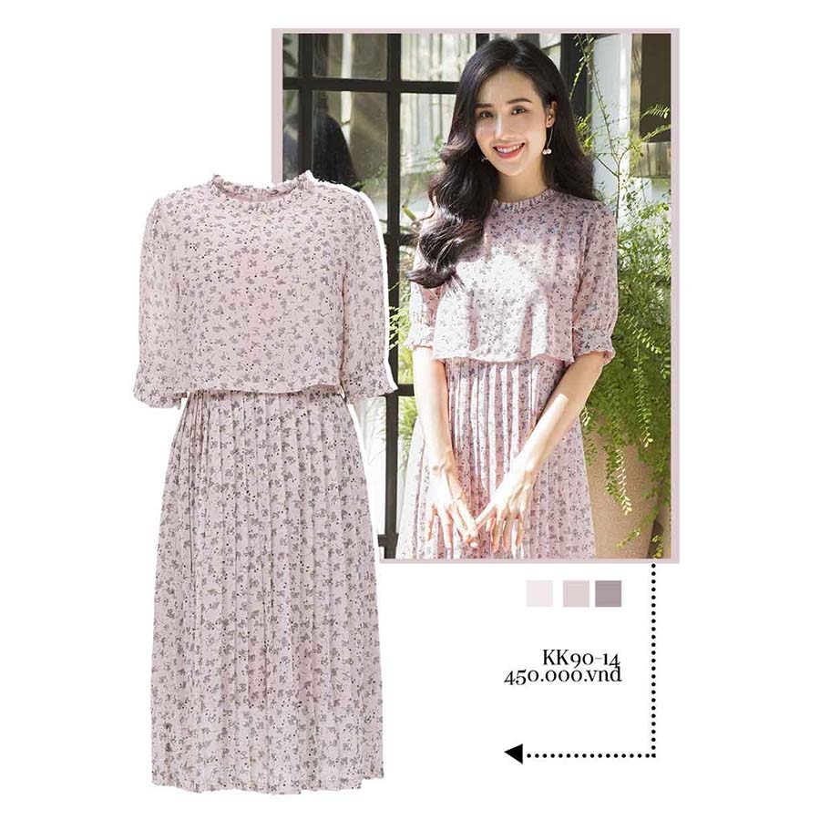 Đầm xòe xếp ly họa tiết hoa KK90-14