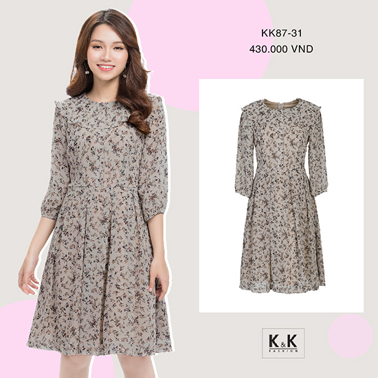 Đầm xòe xếp ly cổ sen KK87-31