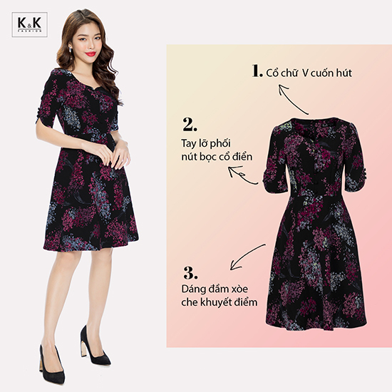 Đầm xòe hoa cổ V đính nút KK88-40
