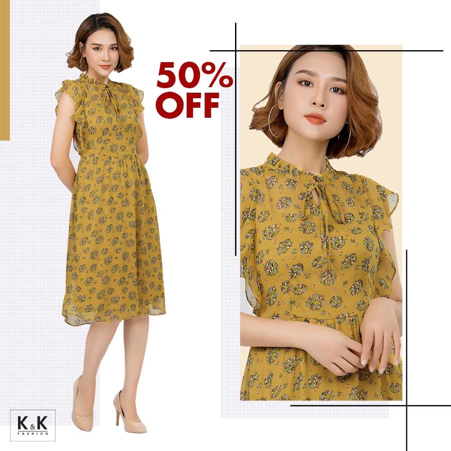 Đầm hoa dáng xòe phối bèo KK79-29
